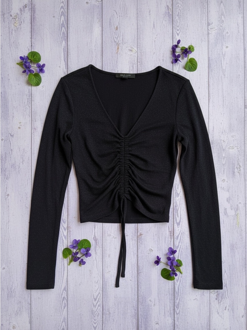 All Saints Black Ruched V-Neck Long-Sleeve Top